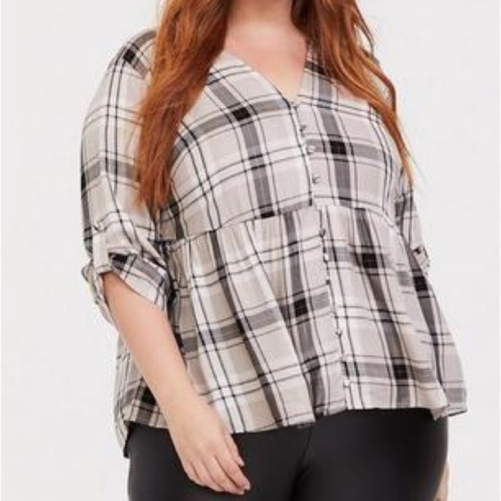 🆕 NWT Women’s Torrid 2 Twill Cream Gold Black Babydoll Button-Front Top 2XL